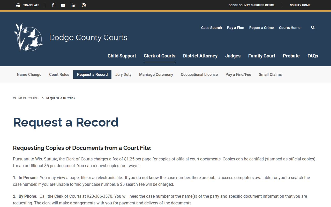 Dodge County court case copy request channels
