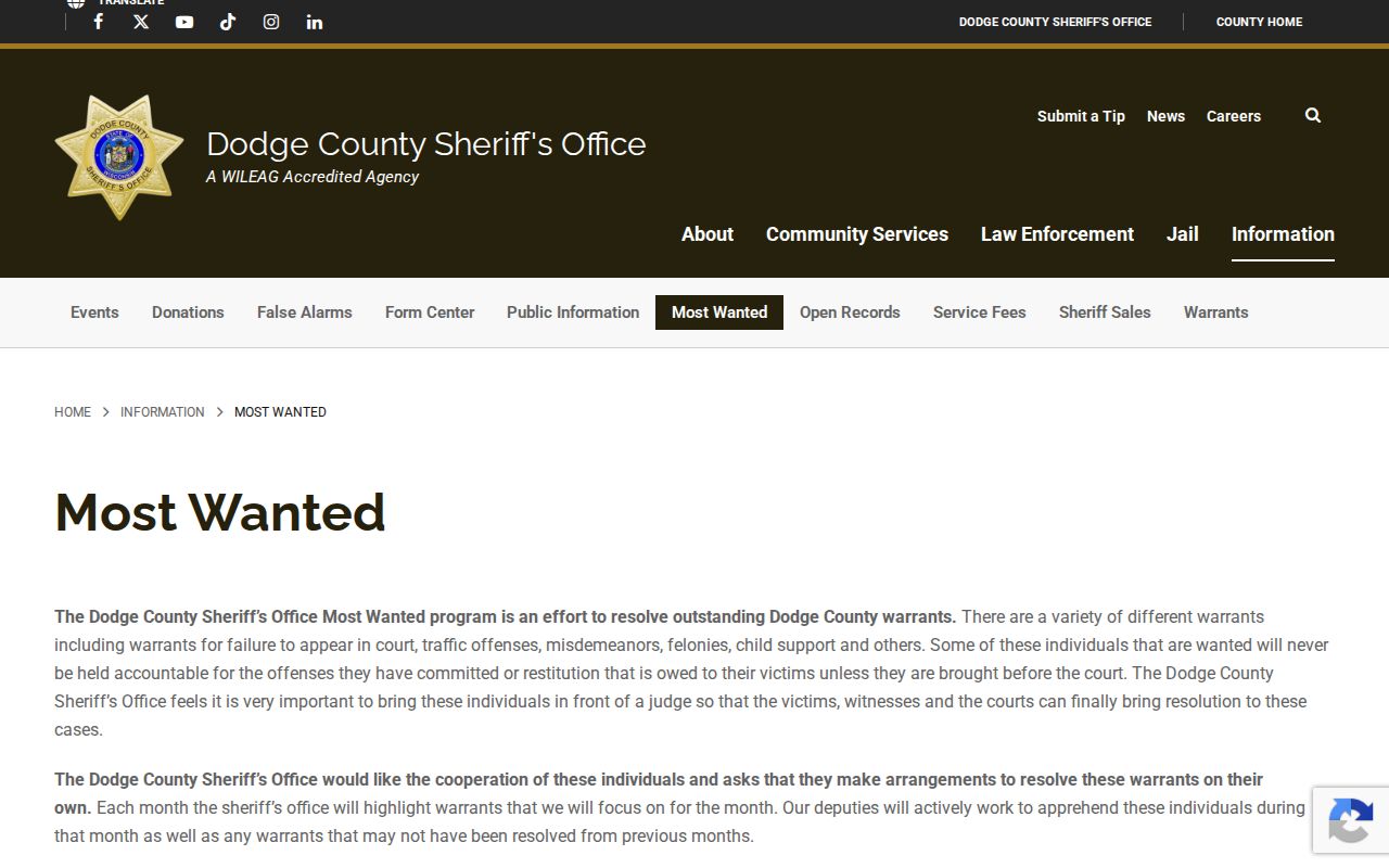 Dodge County court case Most Wanted interface