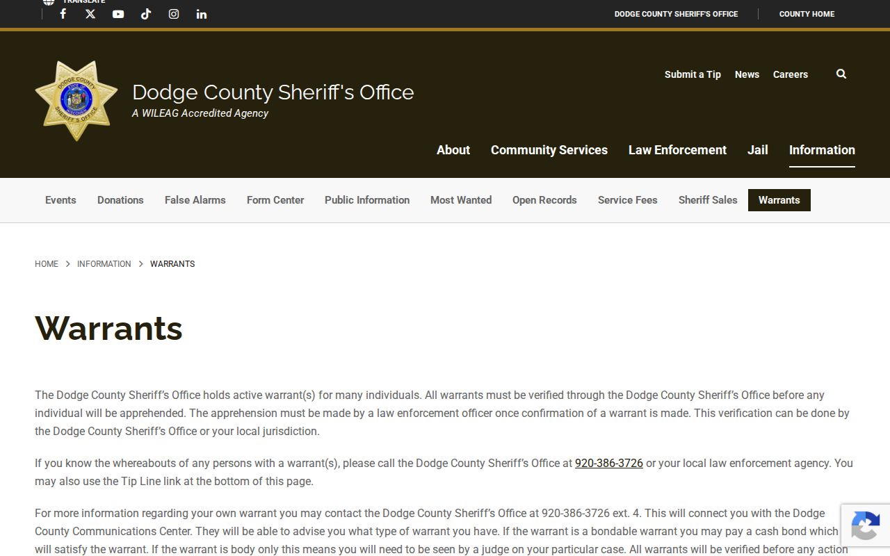 Dodge County court warrant verification information