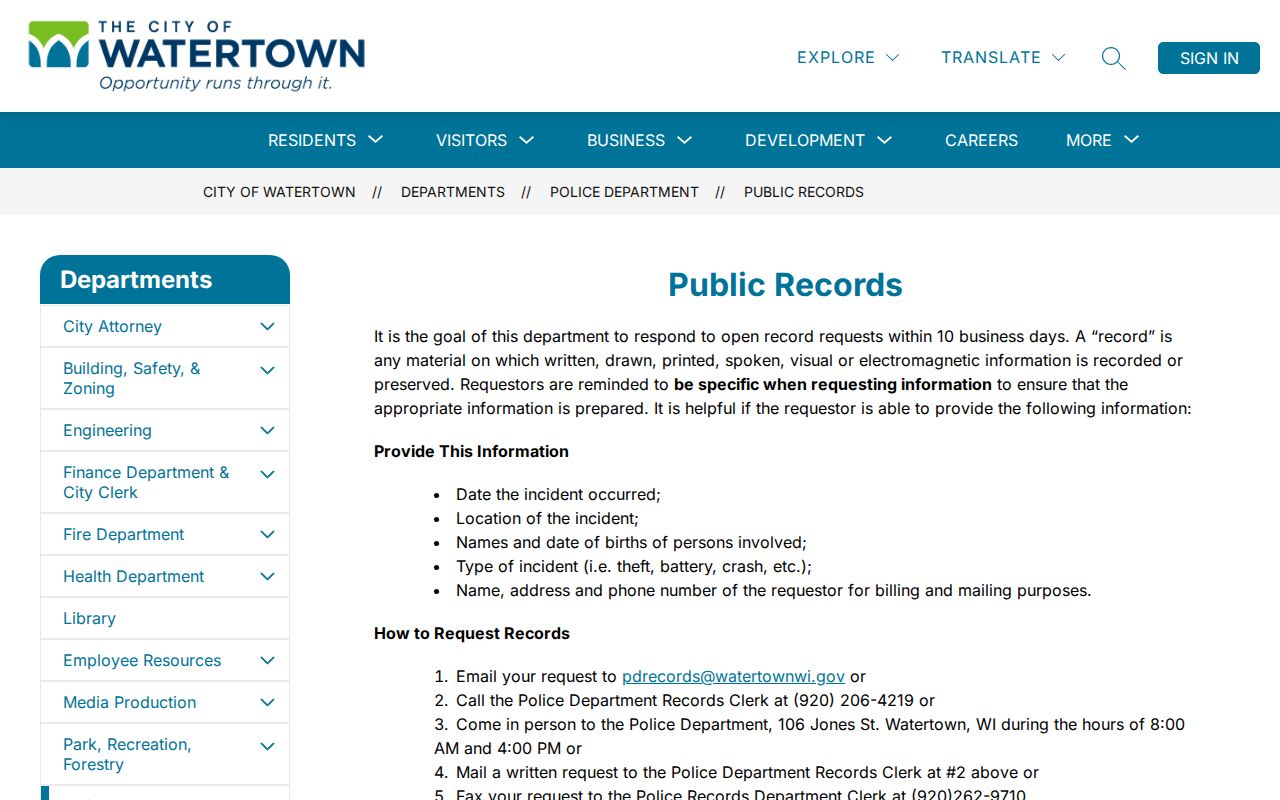 Watertown criminal records public request channels in Dodge County