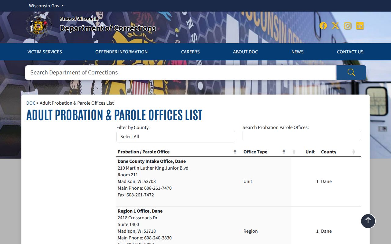 Wisconsin DOC Beaver Dam probation and parole office listing