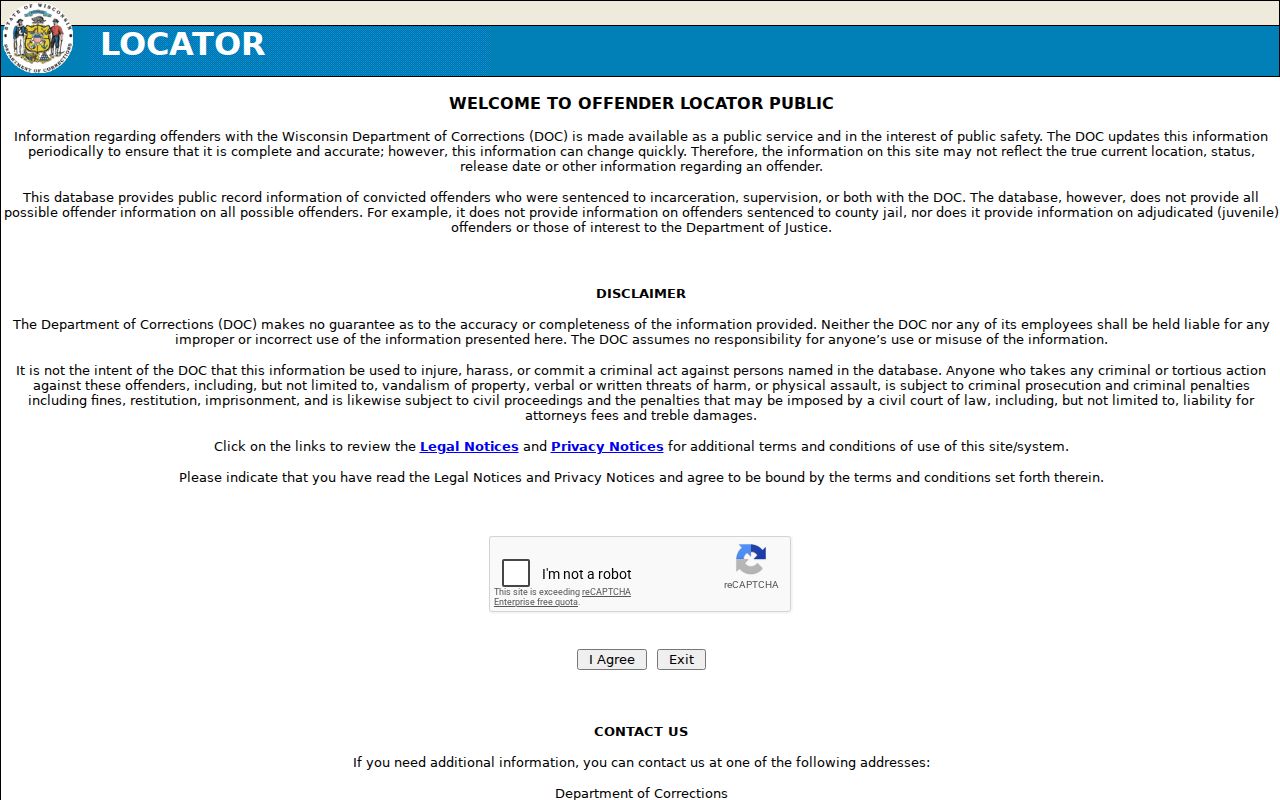 Wisconsin DOC Inmate and Offender Search for state custody records